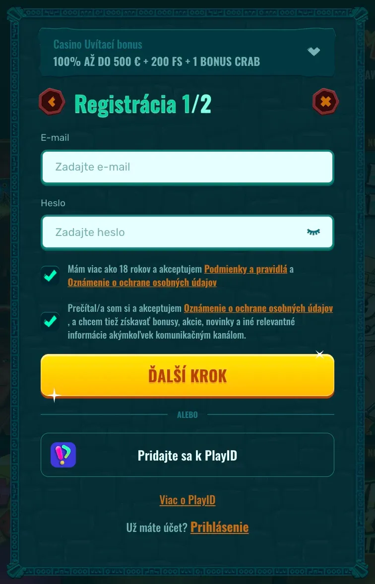 Registračný formulár v Spinanga casino